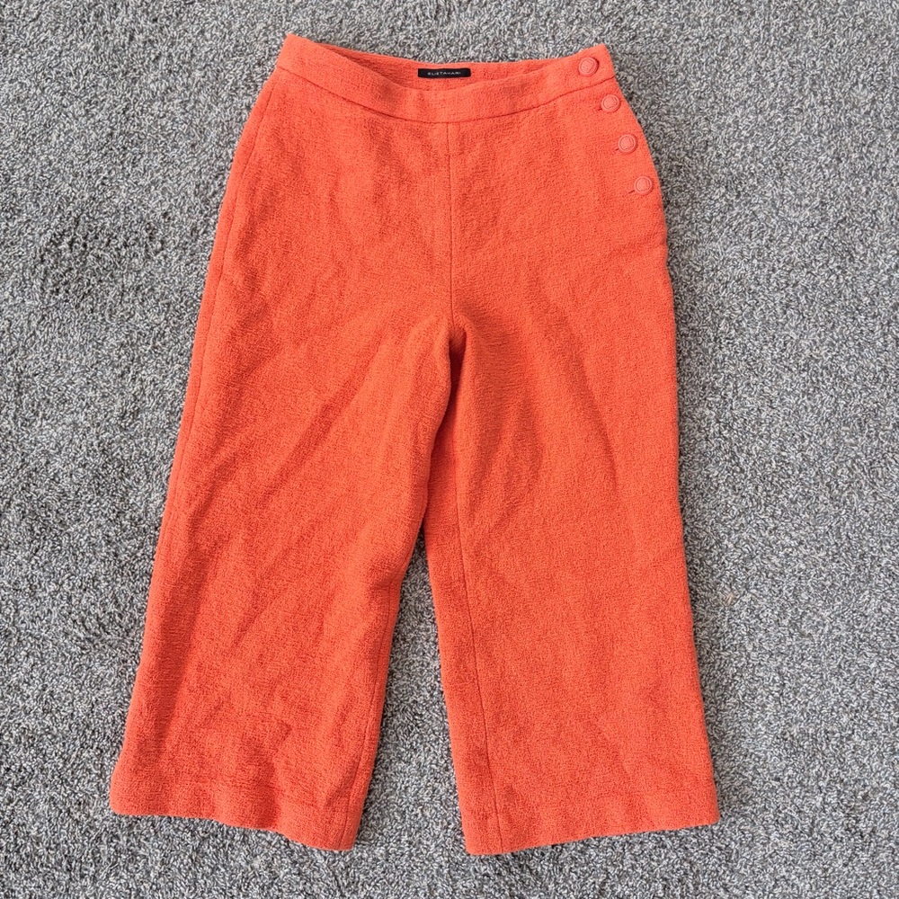 Elie Tahari Orange Side Button Wide Leg‎ Cropped Pants 8 Boucle Gauze Textured